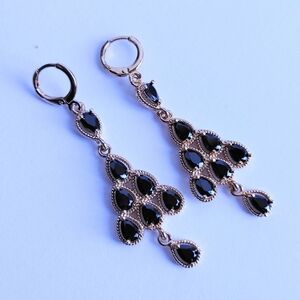 Gold and Black Crystal Tier of Teardrop Dangle  Earrings